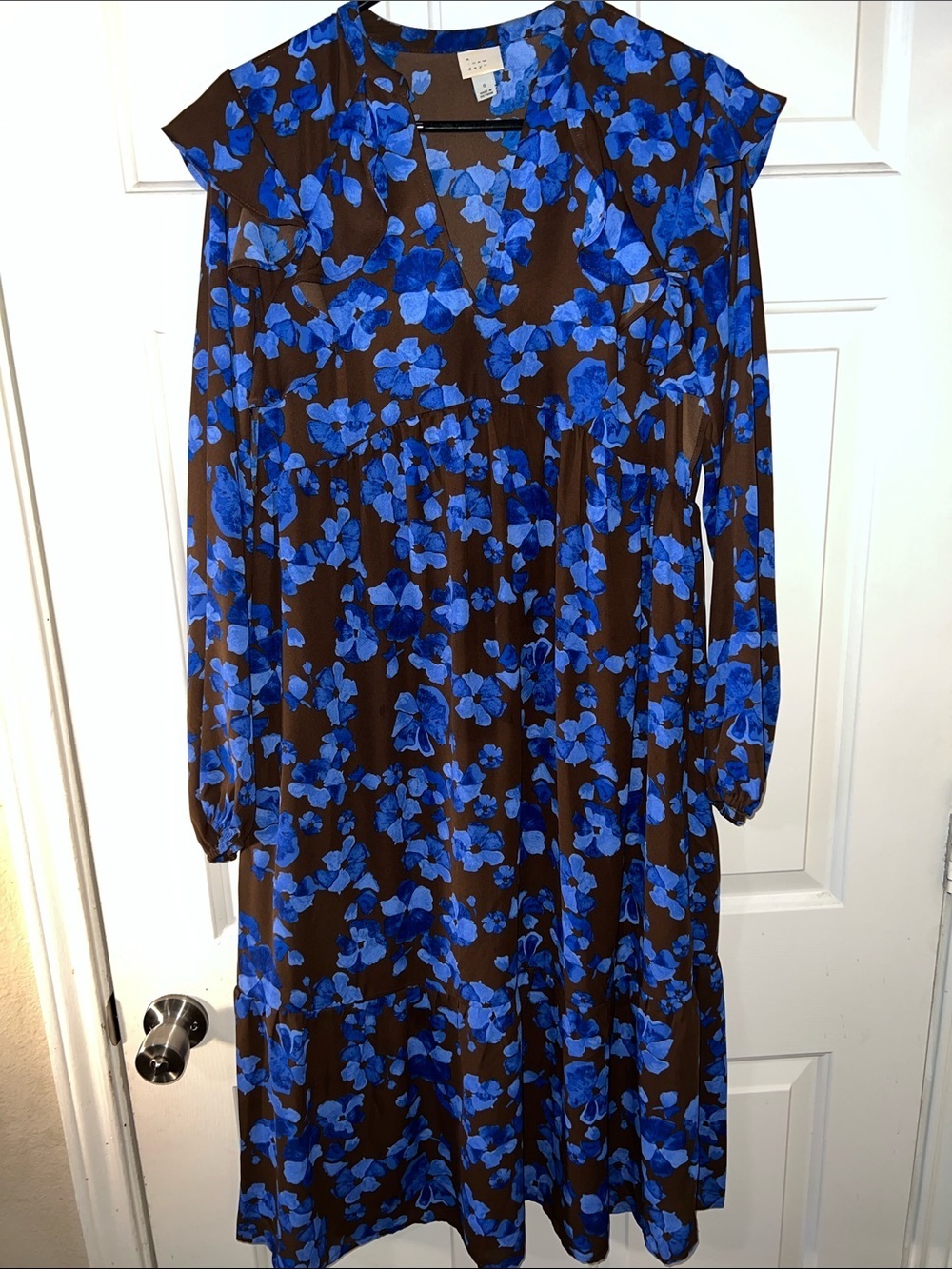 a new day Brown Dress with Bright Blue Floral Print Long Sleeve